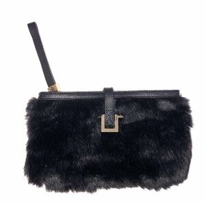 Ann Taylor Clutch Bag Faux Fur Vegan Leather Black Gold Wristlet Evening Bag